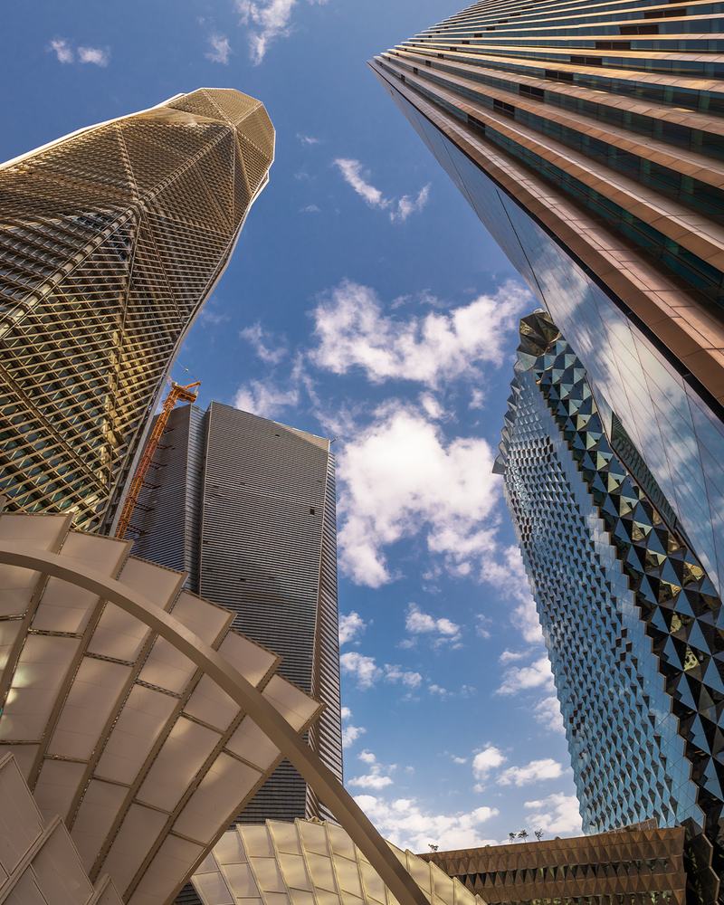 Looking up at the towers of the King Abdullah Financial District, Riyadh